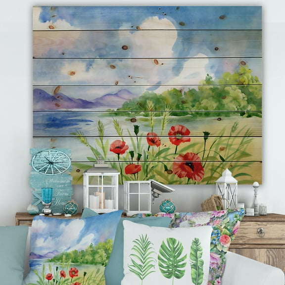 Designart 'Red Tulips On The Bank Near A River Mountain' Lake House Print on Natural Pine Wood