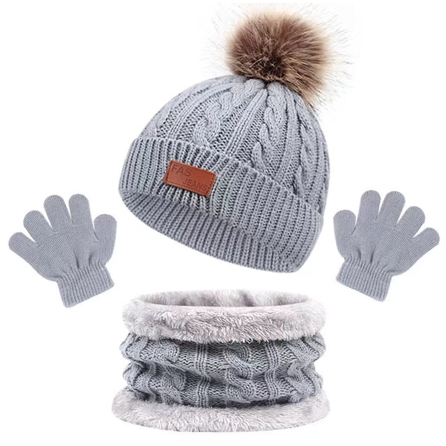 Gorro de invierno para niños, gorro de esquí grueso y cálido de punto con pompón y bufanda, conjunto de guantes para niñas y niños