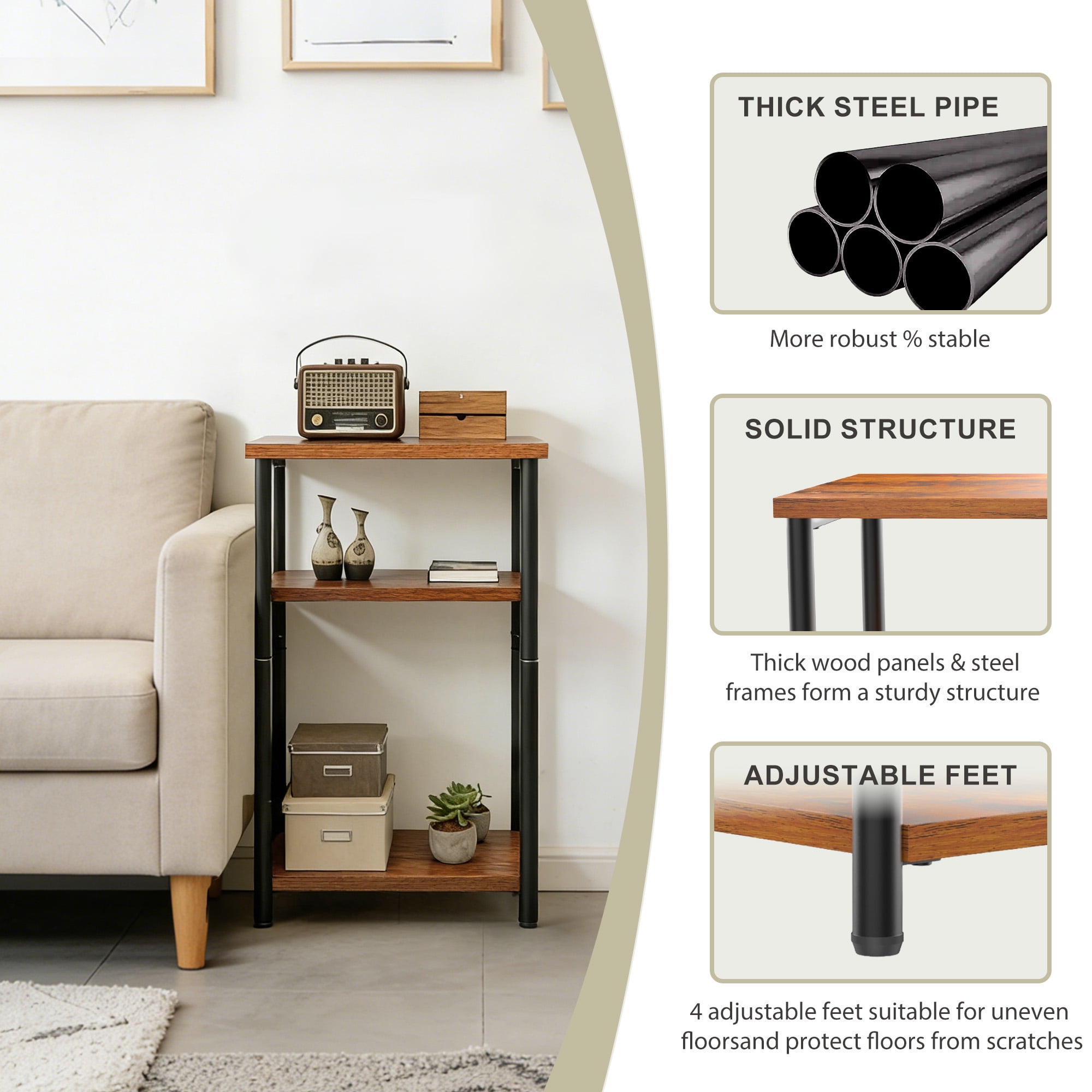 CONCETTA End Table with 3 Shelves, Narrow Nightstand for Small Spaces, Easy Assembly, Ideal for Living Room and Bedroom,Rust Brown