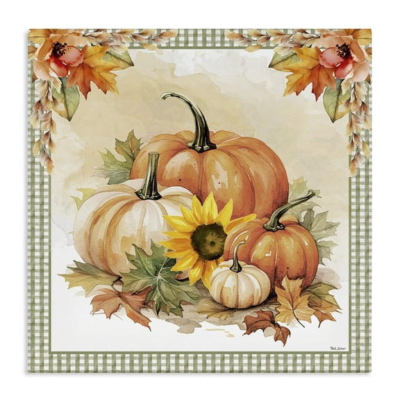 Stupell Industries Autumn Pumpkins Floral Border Botanical & Floral Painting Gallery Wrapped Canvas Art Prints Wall Art, 17 x 17