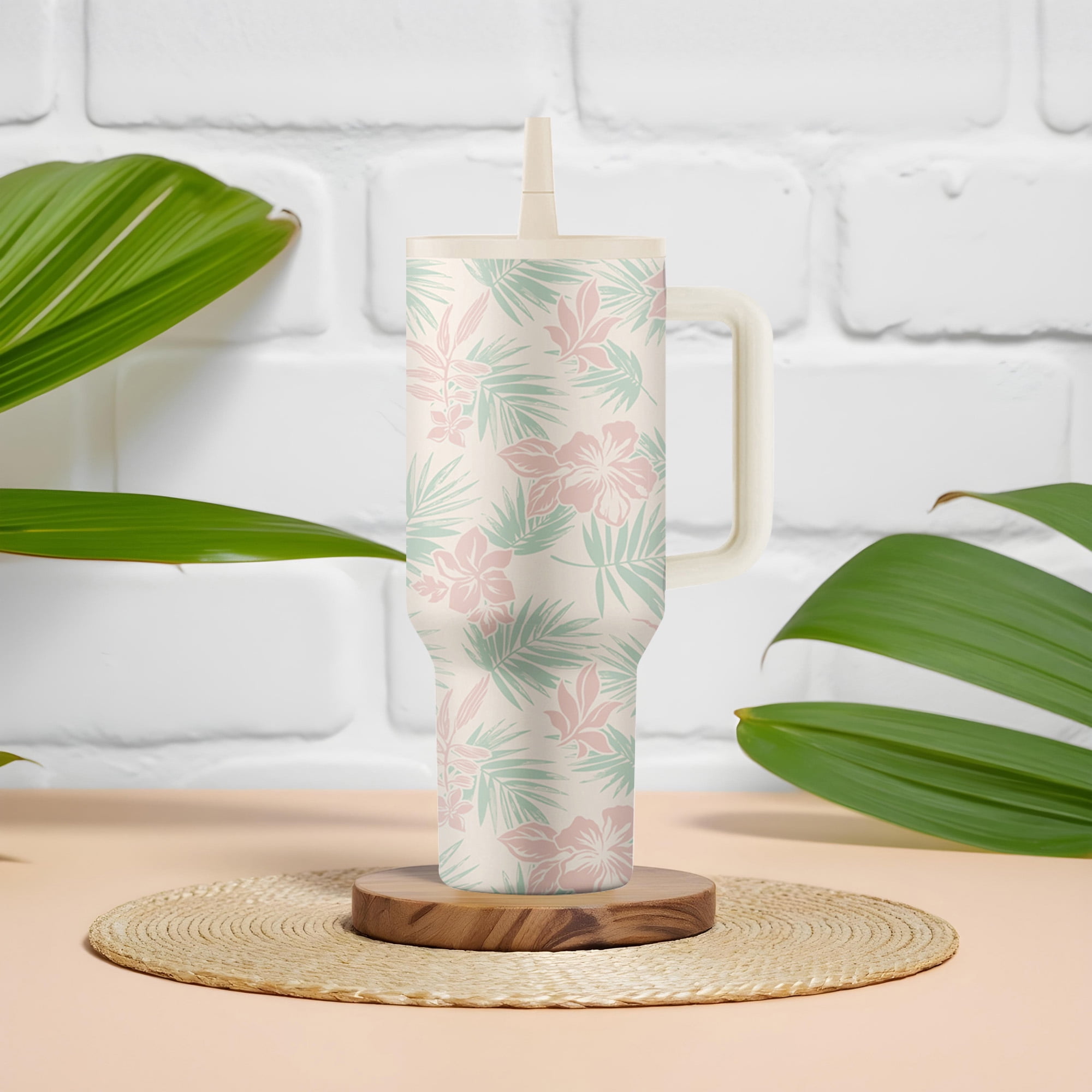 Island Crew 40 oz Hibiscus Stainless Steel Tumbler, Cream