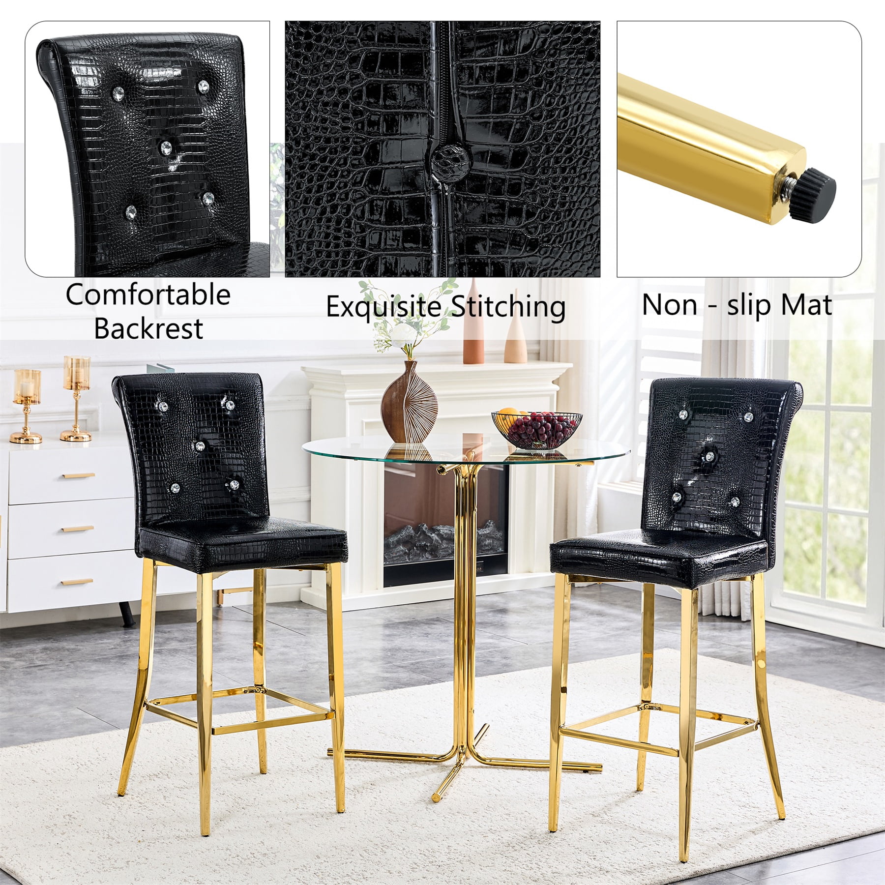 Alvantor Bar Stools Set of 2 Vintage Leather Bar Stools with Crystal Clasp Counter Stool Chairs for Kitchen Island Black