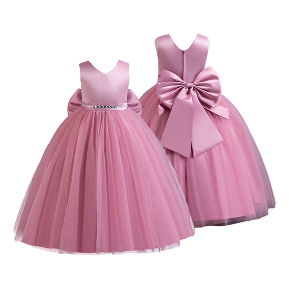 LYMAYTER Girls Satin Tulle Princess Dress Pearls Bow Knot Wedding Party Pageant Ball Gown 3-12Y