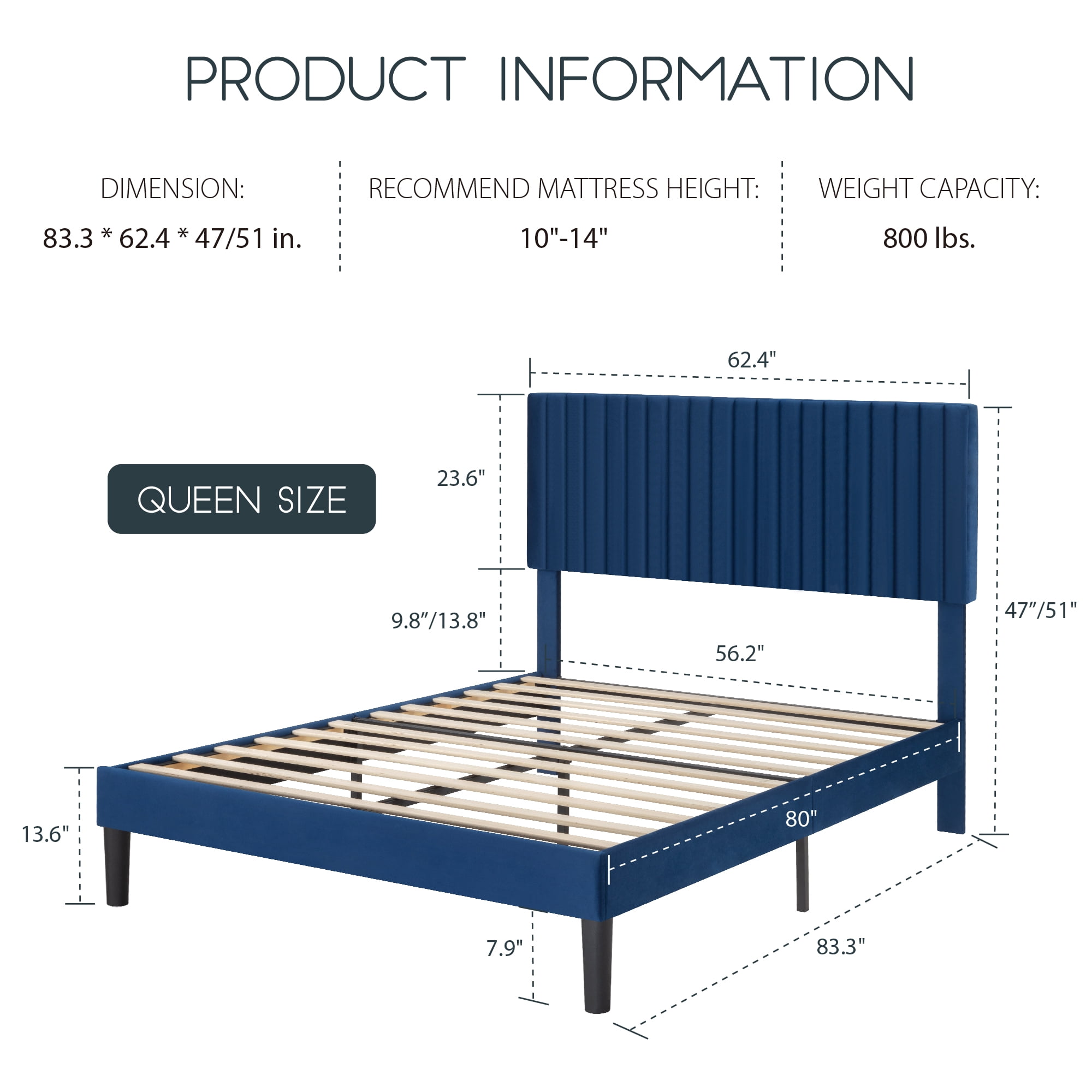 Einfach Queen Size Platform Bed Frame with Upholstered Adjustable Velvet Vertical Tufted Headboard, Blue