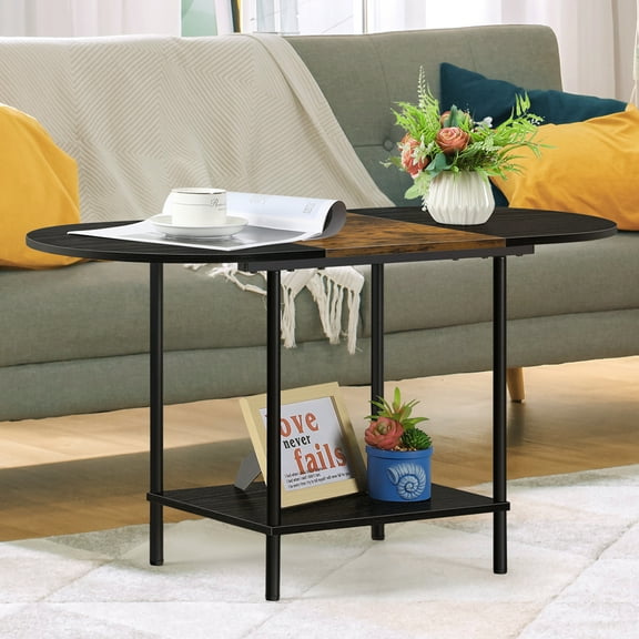Small Oval Coffee Table Black Farmhouse Center Table with Storage, Wooden Shelf
