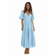 thumbnail image 3 of Women'S Deep V Neck Puff Short Sleeve Tiered Dress Elastic High Waist Flowy A Line Midi Dresses Sky Blue M, 3 of 9