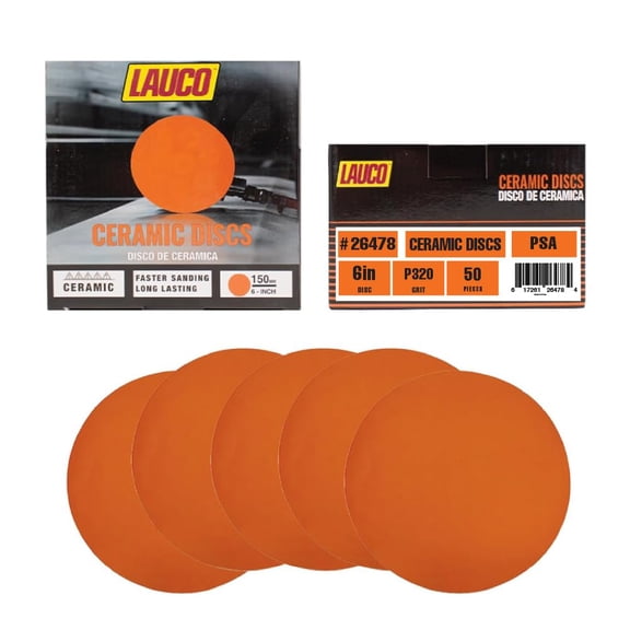 6” Premium Ceramic Orange PSA Discs - 320 Grit (Box of 50) - No Hole, self Adhesive Random Orbital Sander Discs for Sanding Polishing on Fiberglass, Metal, Wood (GRIT 320)