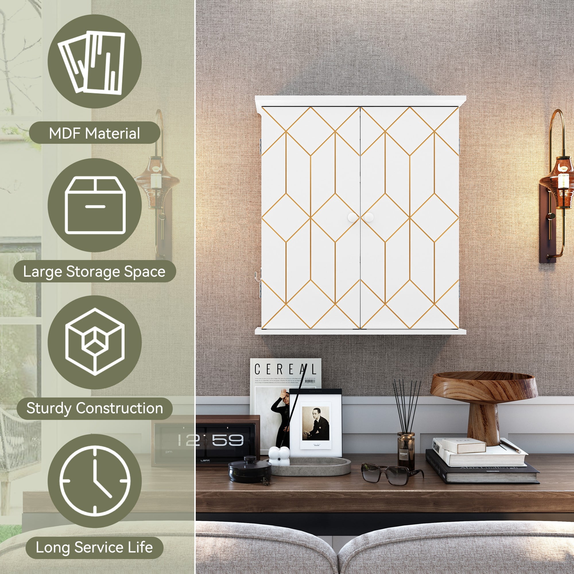 HLR Wall-Mounted Bathroom Storage Cabinet with Gold Trim, Bathroom Cabinet with Adjustable Shelves