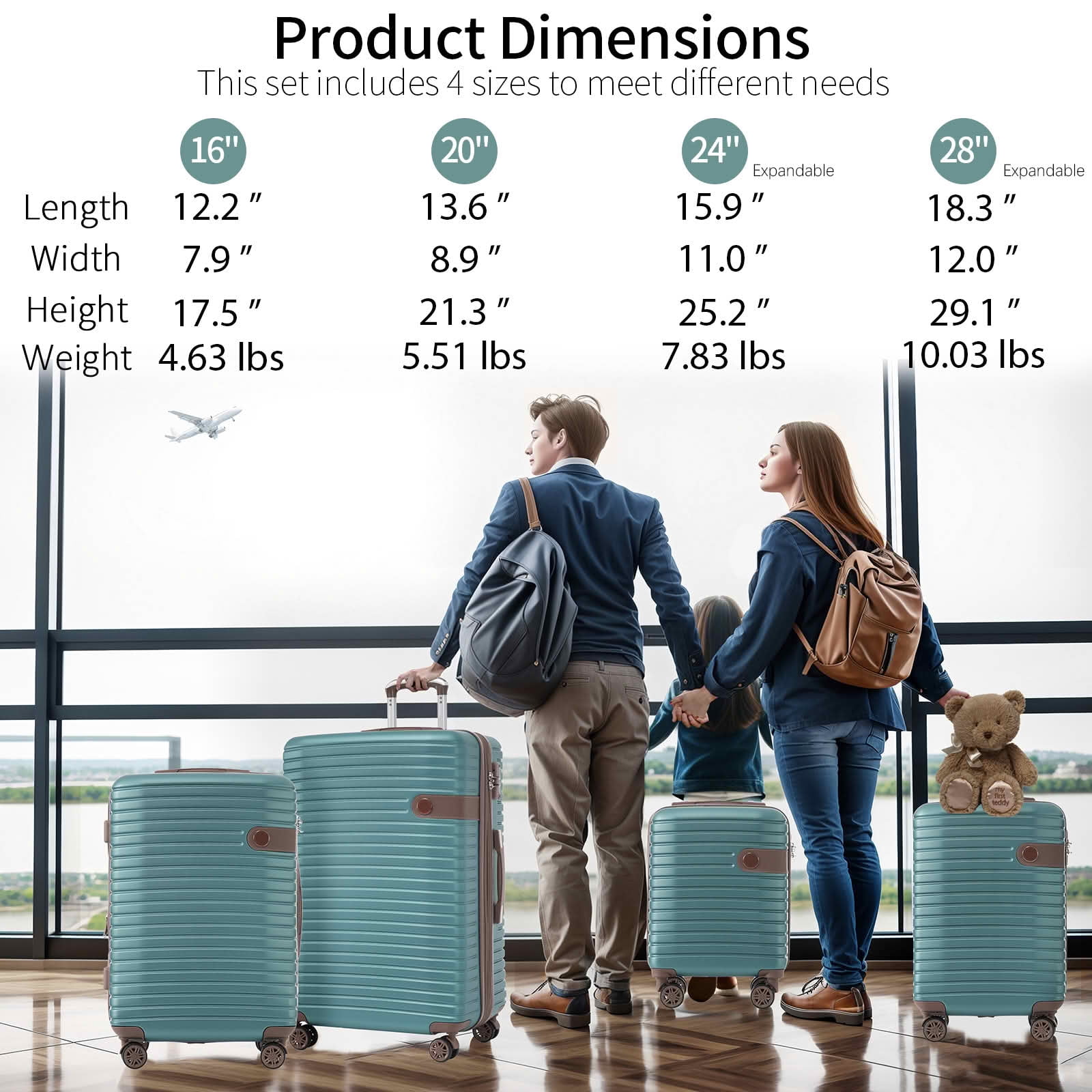 MAYEERTY 16/20/24/28 Inch 4 Pack Travel Luggage Set, ABS Hardshell Expandable Suitcase with Spinner Wheels, TSA Lock and 4 Packing Cubes