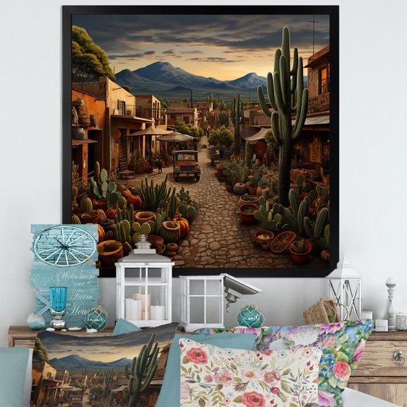 Designart "Market Day in Mexico Vibrant Scenes Abound I" People Framed Wall Art Decor - Global Green Mexican Art Entryway Framed Wall Art Print