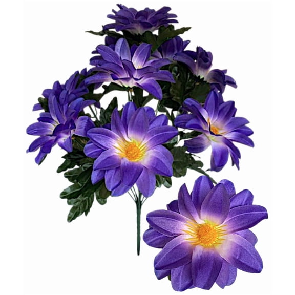Purple Artificial Dahlia Bush 12 Stems, 4.5" Jumbo Flowers, 17" Faux Floral Bush for Cemetery Arrangements, Wedding & Home Decor