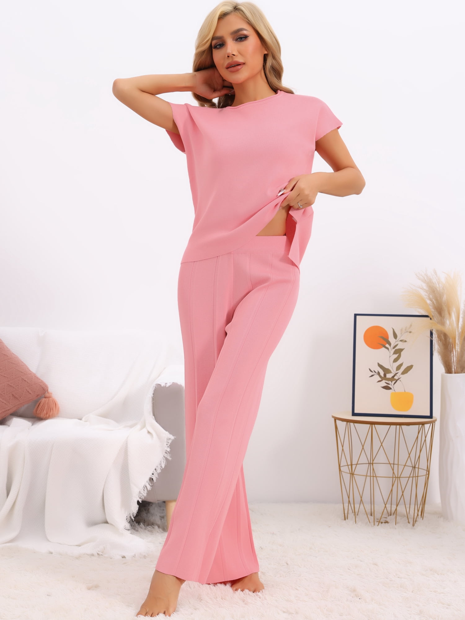 DARING DIVA Women's 2-Piece Short Sleeve Tops Wide Leg Pants Sets S Pink