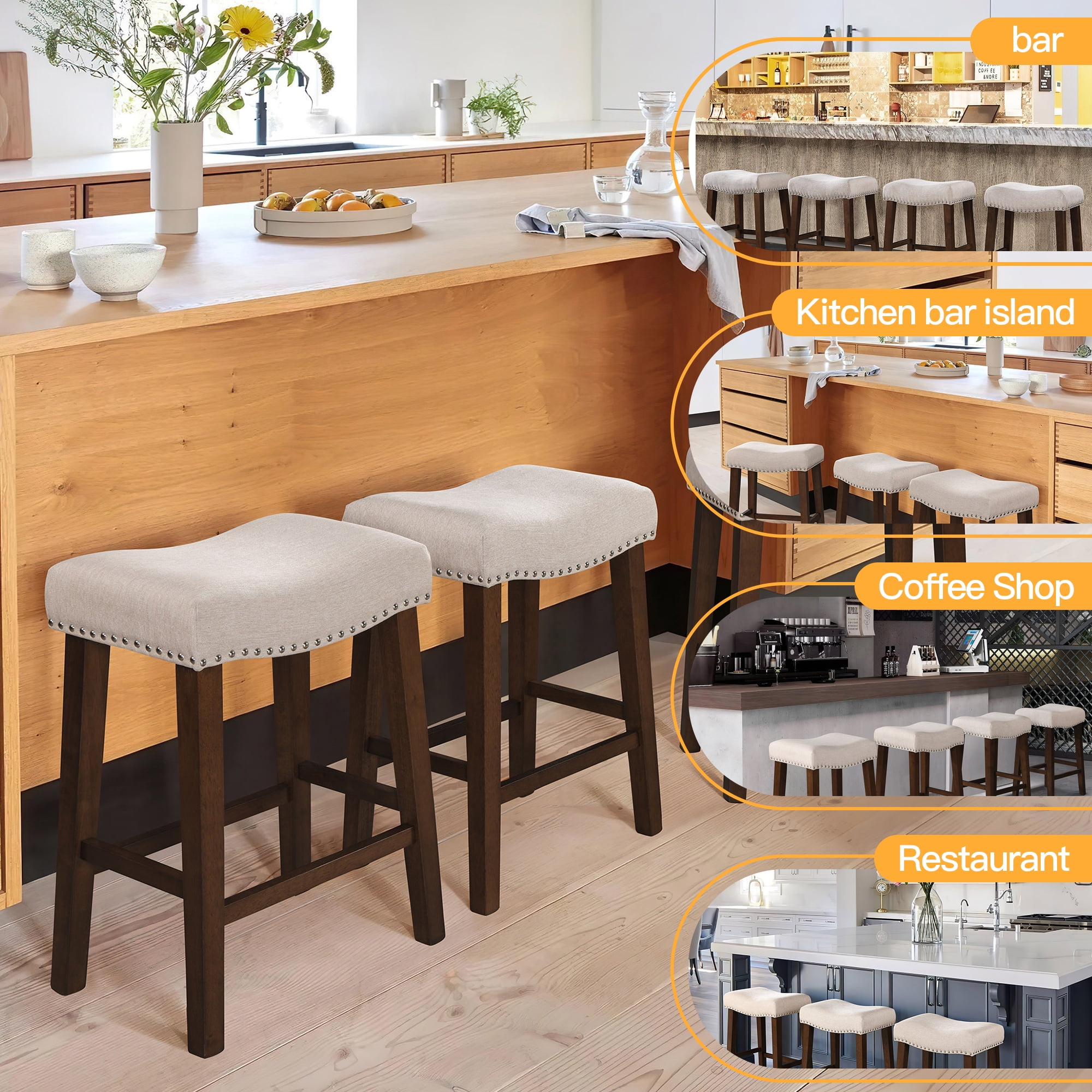TrumanPick 26" Bar Stools Set of 2 Counter Height Stools Modern Kitchen Island Saddle Barstools Fabric Chairs with Footrest, Beige