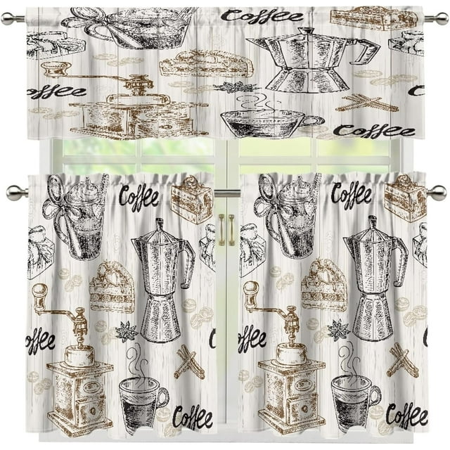 Rustic Coffee Tool Valance Curtains for Kitchen, Hand Painted Cup Dessert Coffee Beans Grinding Machine Decor Pattern Wood Texture Window Treatments, Drapes for Living Room, 54x18in 1P+27x36in 2P
