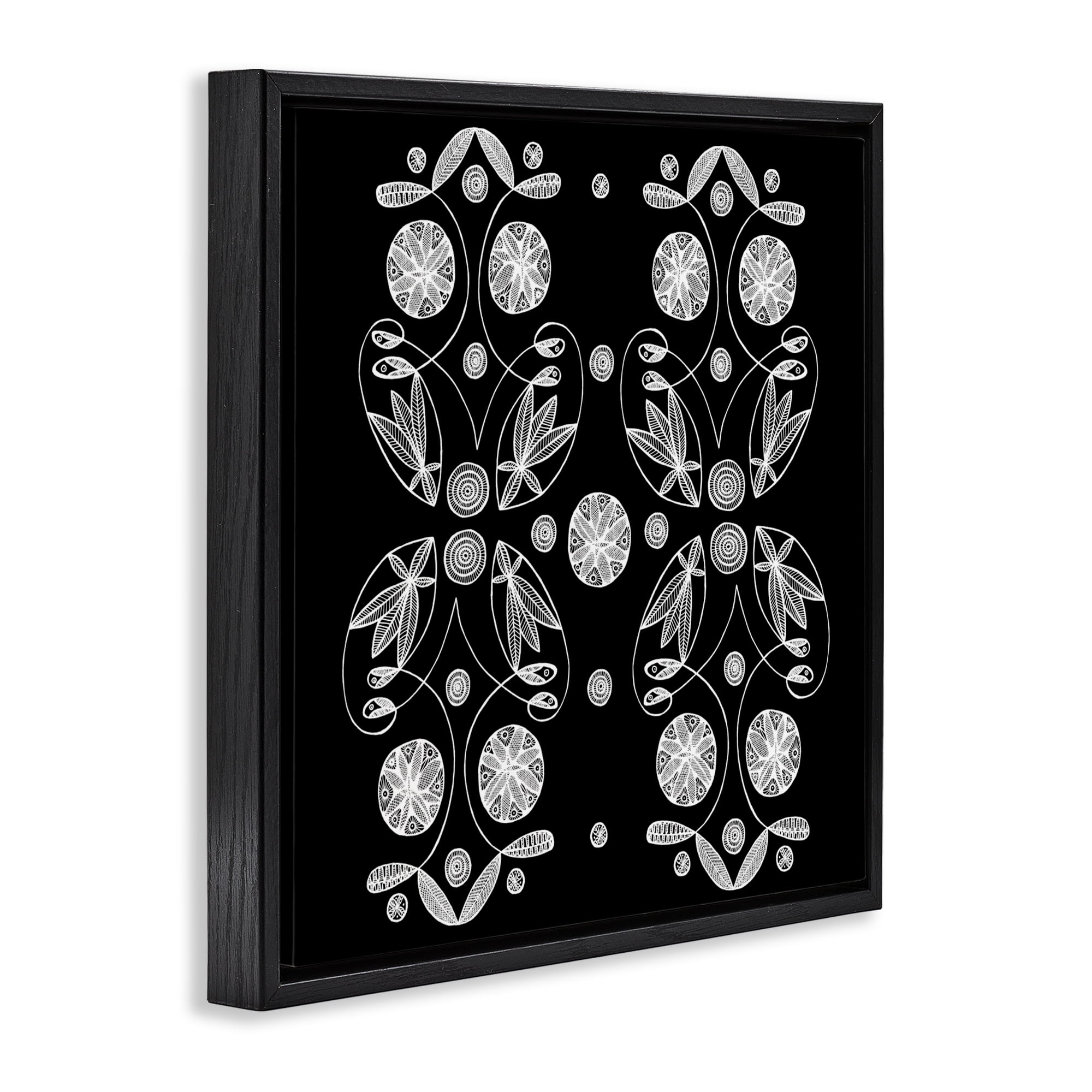 Stupell Industries Symmetrical Flower-Like Patterns Black Framed Floater Canvas Wall Art, design by El Perkin