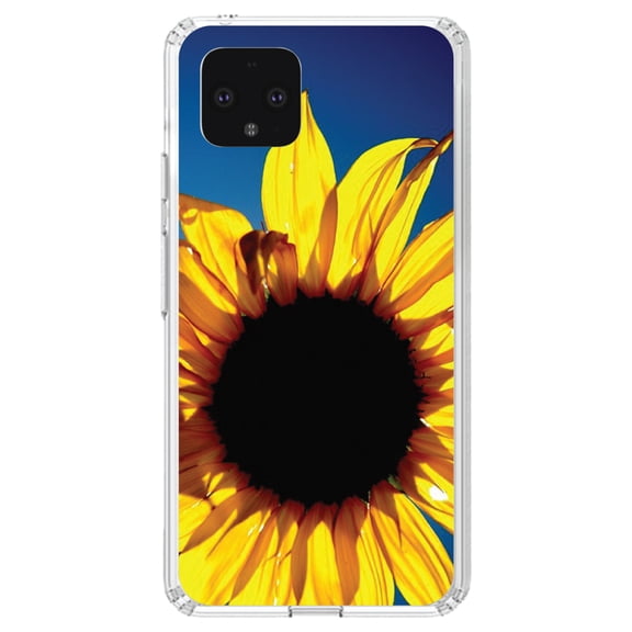 DistinctInk Clear Shockproof Hybrid Case for Google Pixel 4 XL (6.3" Screen) - TPU Bumper, Acrylic Back, Tempered Glass Screen Protector - Blue Yellow Sunflower Sky