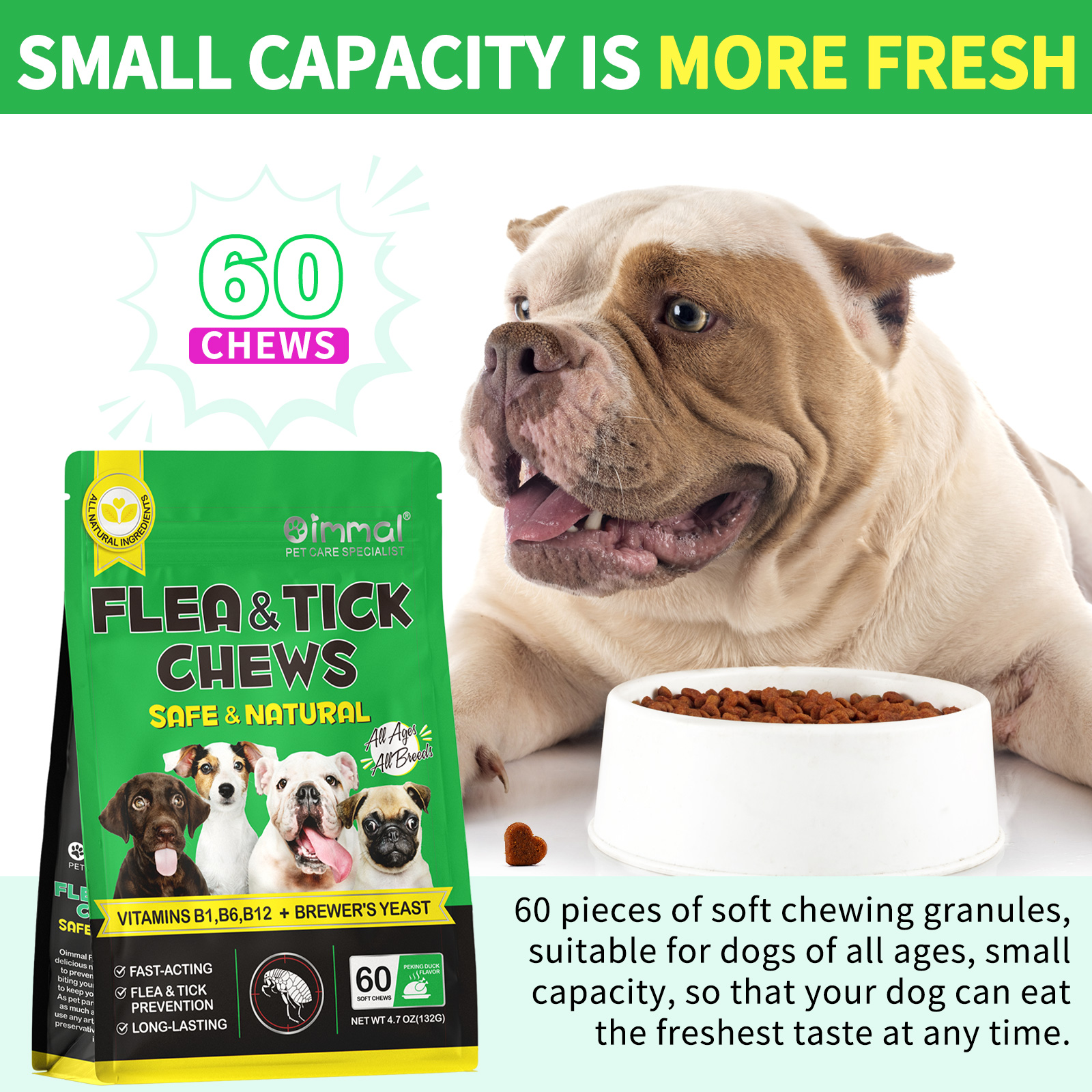 Oimmal Dog Digestive Care Chew Treats - 60 Soft Chews with Brewer's Yeast - All Natural Support for Dogs - Peking Duck Flavor 5Pack