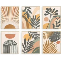 Boho Wall Art Prints Set of 6, Mid-Century Modern Prints, Neutral Geometric Boho Wall Decor Sun Moon Palm Leaf Rainbow Canvas Artwork Prints, Minimalist Gallery Wall Posters for Bedroom Living Room
