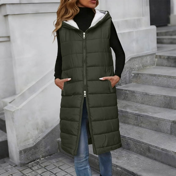Zedker Casual Hooded Sleeveless Long Puffer Womens Vests Outerwear with Bidirectional Zipper, Comfy Thermal Jackets with Pockets,Army Green,L
