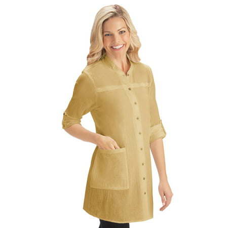 Women's Crinkle Gauze Pocket Tunic Top with Roll Tab Sleeves for Work, Casual Attire, Large, Khaki