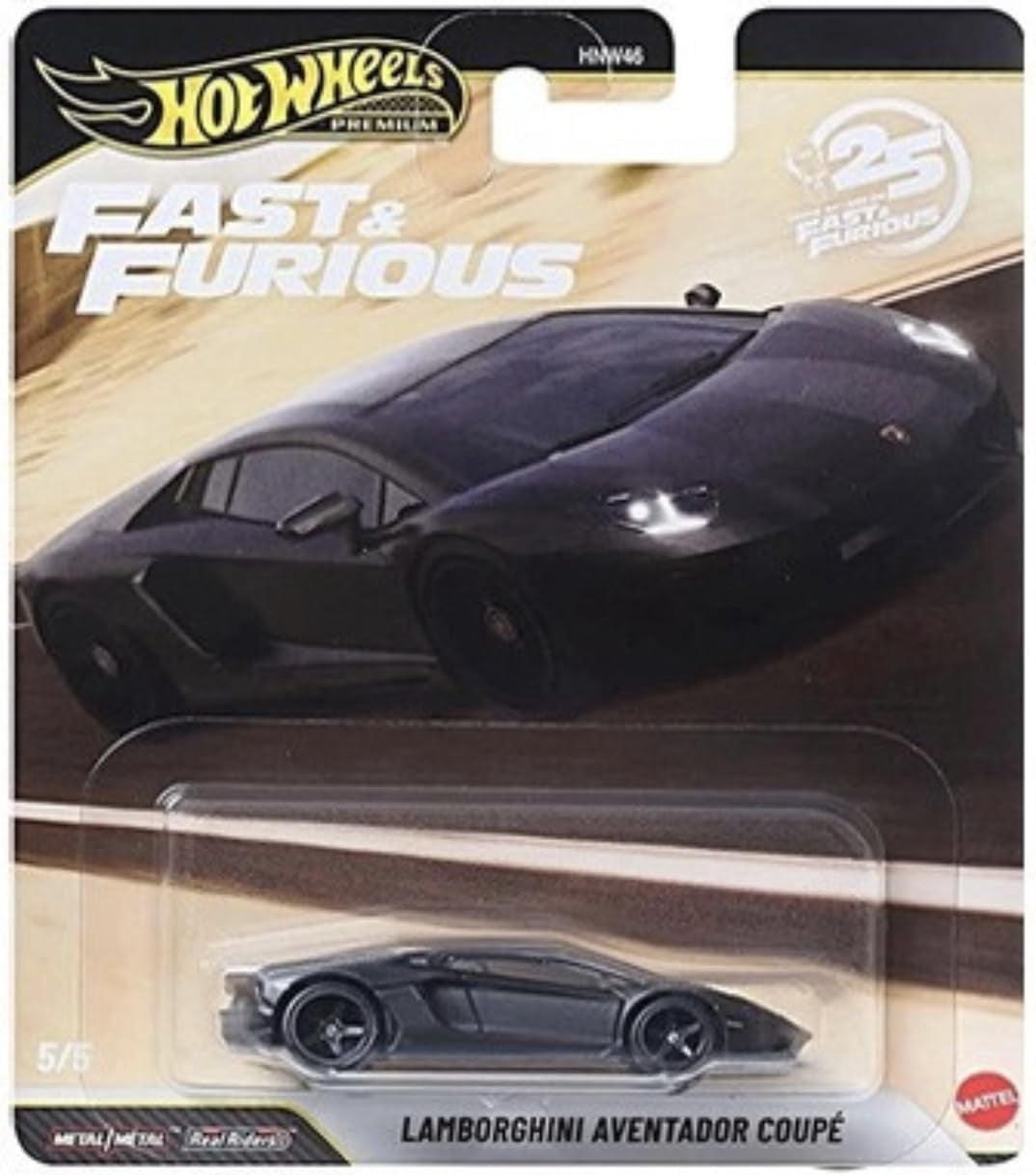 Hot Wheels Premium Fast & Furious 25th Anniversary Die-Cast Cars, Set of 5, Mazda RX-7, Custom Chevy, Chevelle, Honda Del Sol, Lamborgini Aventador,1:64 Scale HNW46-956P