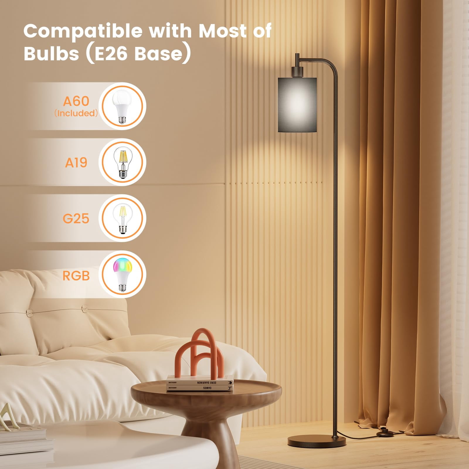 Black Floor Lamp With Linen Shade Dimmable Standing Lamp For Living Room Bedroom Office
