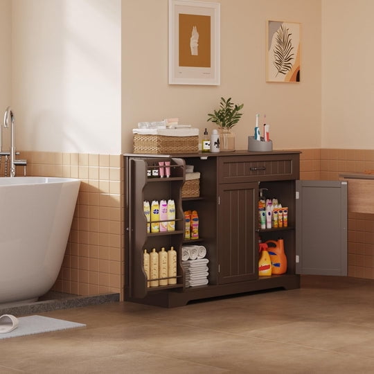 Aiho 42” Coffee Bar Cabinet with Storage, Kitchen Storage Cabinet, Sideboard Buffet Cabinet with 8 Shelves, 1 Drawer - Dark Brown