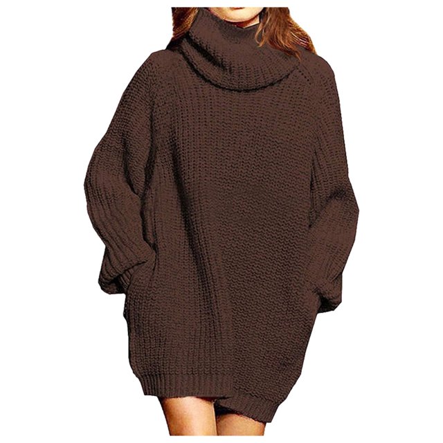 Aocisk Robe à Col Roulé pour Femmes avec Poches, Robe Midi à Manches Longues pour l'Automne et l'Hiver, Brun, P