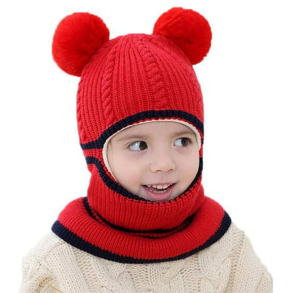 Children Woolen Hat Velvet Thick Knitted Hood Cap Scarf Ears Outdoor Accessory Decoration for Boys Girls,Red