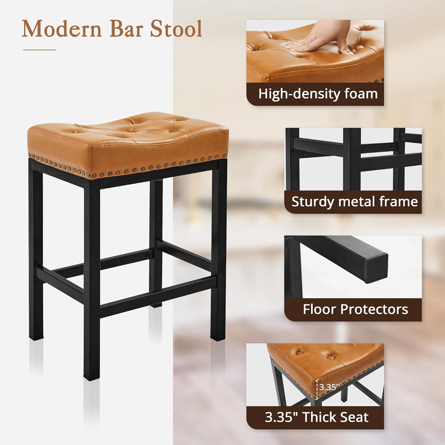 Dycanpo 24” Saddle Bar Stools Set of 3 with Modern Metal Legs, for Home Kitchen, Whiskey Brown
