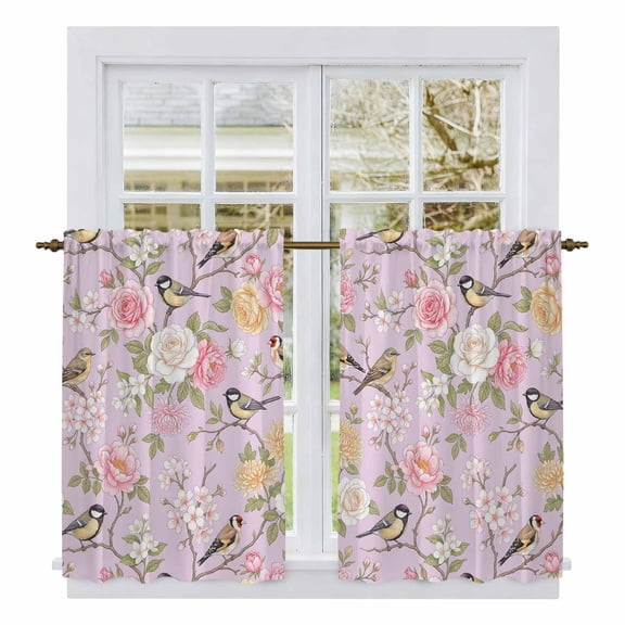 Pink Spring Floral Kitchen Curtain for Berdoom Living Room Cafe 45 Inch Length, Elegant Farmhouse Flowers Birds Watercolor Tiers Curtains Light Filtering Drapes Window Treatment 2 Panels 52"Wx45"L