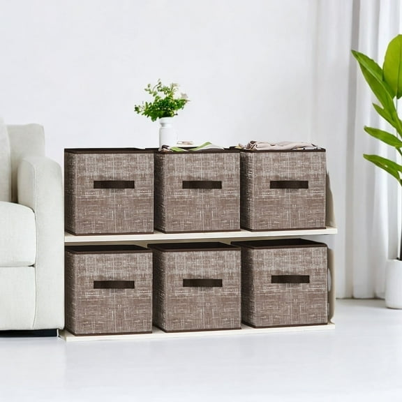 11" Cube Storage Bin 6 Foldable Fabric Cube Organizer Bin with Double Handles Storage Box for Living Room Bedroom Office Chocolate