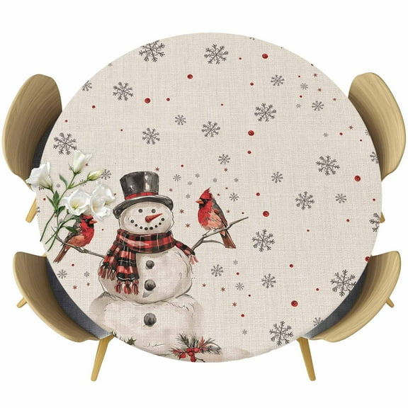 Christmas Table Cloth, Round Fitted Tablecloths with Elastic Edge, Snowman Snowflake Red Xmas Birds Rustic Wipeable Waterproof Table Cover for Kitchen Wedding 36-44 Inches