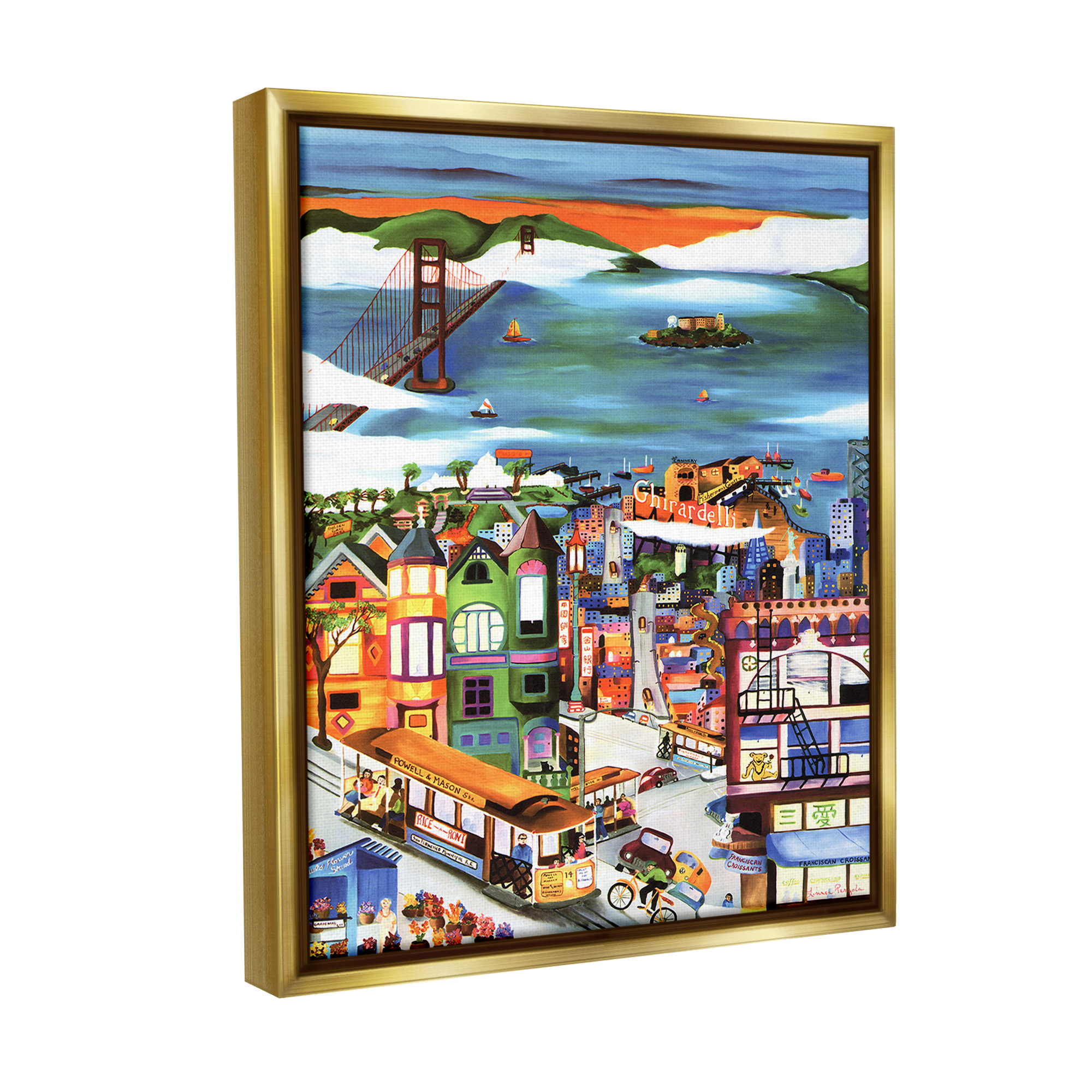 Stupell Industries Bustling Seaside Town Landscape Painting Gold Floater Framed Canvas Art Print Wall Art, 25 x 31