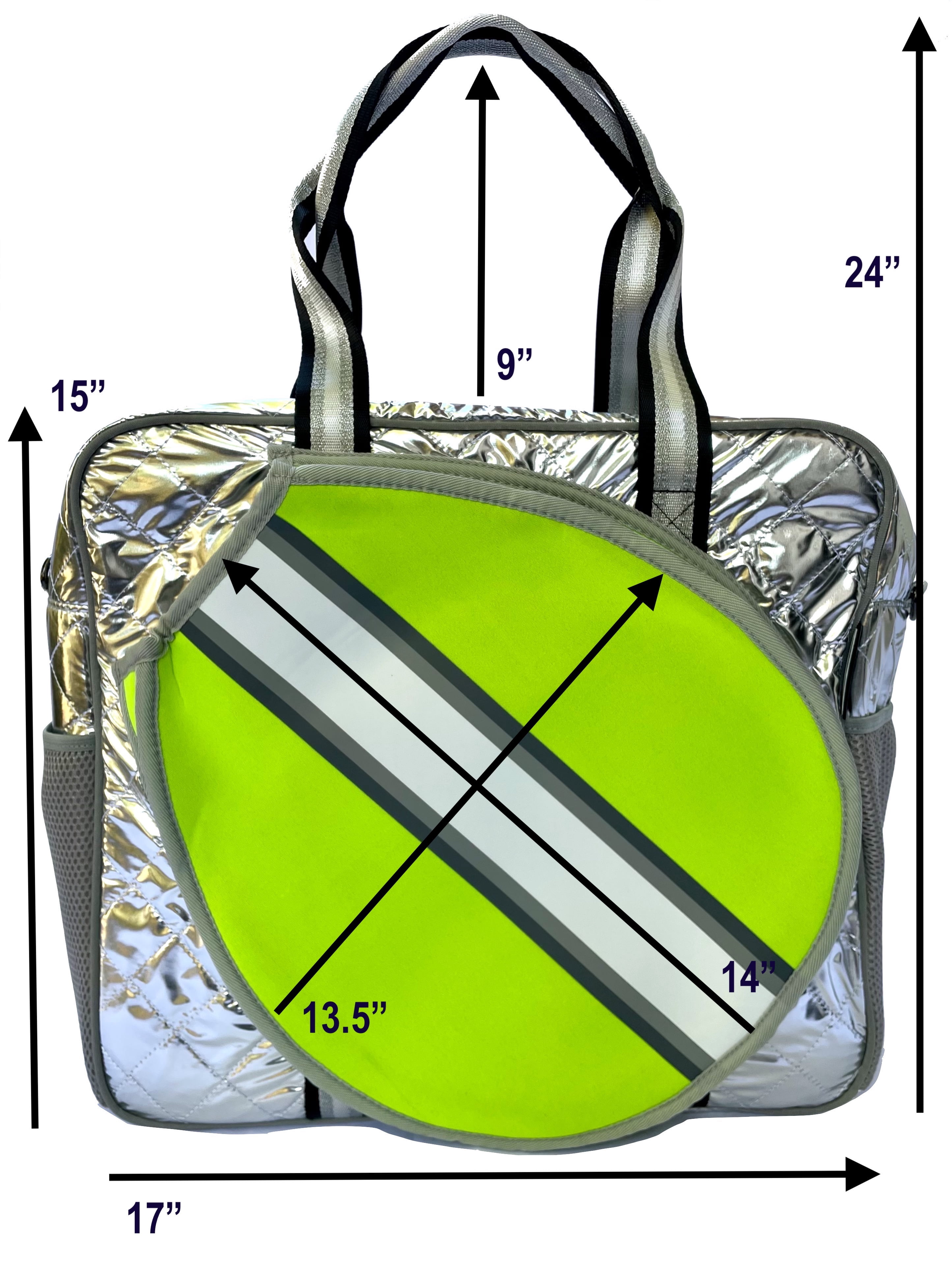 Neoprene Tennis Bags for Women Holds 2 Rackets for Tennis, Pickleball, Racquetball, Squash, Badminton Racquet Bag Teen, Girl Bright green and Silver Puffer