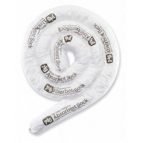 Pig Sorbent Sock, 15 gal, 3 in x 10 ft, Oil, White, 6 PK SKM701