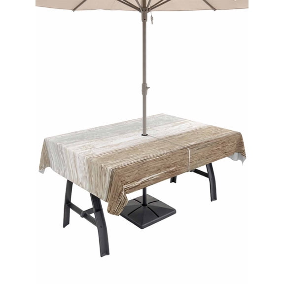 Outdoor Tablecloths with Umbrella Hole & Zipper, Brown Grey Rectangle Tablecloth 52x70 Inch, Farmhouse Gray Barn Wooden Vintage Striped Waterproof Table Cloth, Patio/Pool/Picnic Table Covers
