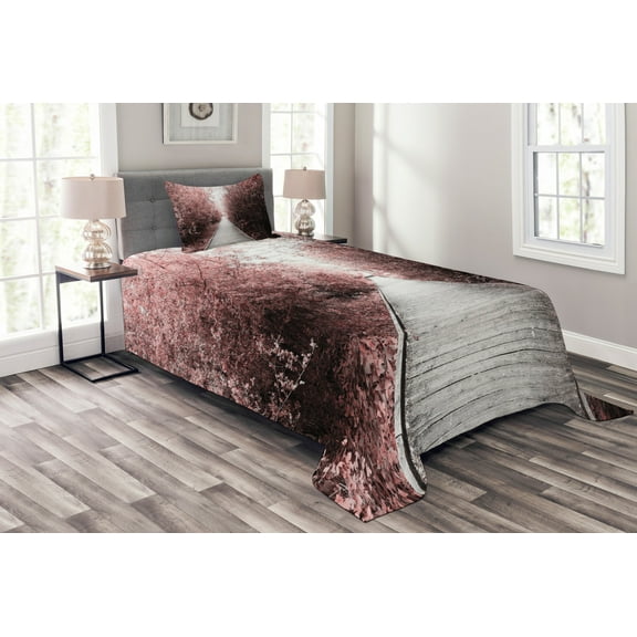 Ambesonne Forest Quilted Bedspread Set 2 Pcs, Nature Exotic, Twin Size, Pale Pink Pale Grey