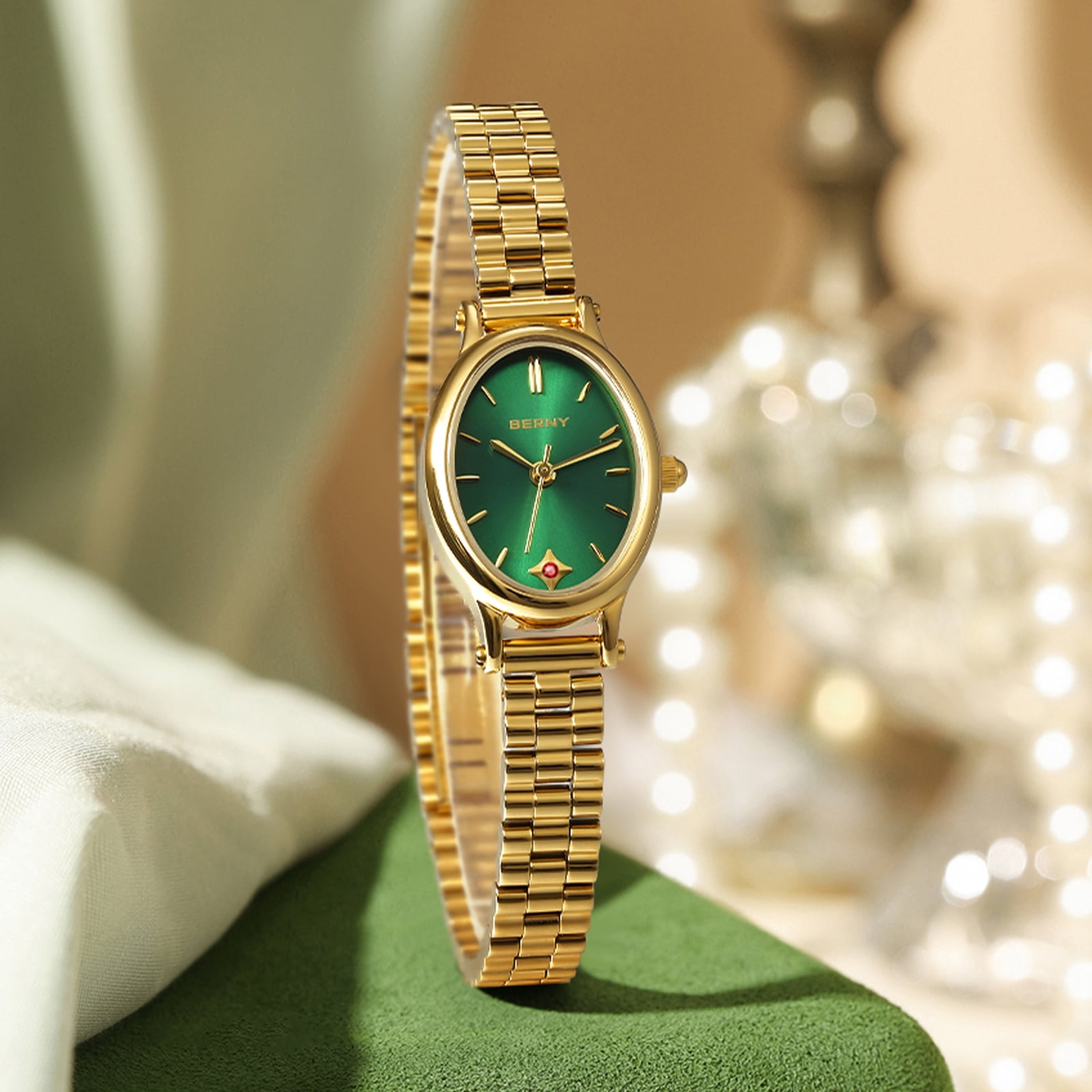 BERNY Small Gold Watches for Women, Dainty Luxury Oval Sunray Dial, Stainless Steel Bracelet Watch, Adjustment Tool Included, Waterproof, Fashion Ladies Analog Quartz Wrist Watch Gifts (Green)