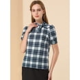thumbnail image 3 of Blusa de cuello con cuello de lazo a cuadros para mujer, camisa de manga corta con soplo corto retro, top Azul marino L, 3 of 6