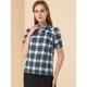 thumbnail image 3 of Blusa de cuello con cuello de lazo a cuadros para mujer, camisa de manga corta con soplo corto retro, top Azul marino L, 3 of 6