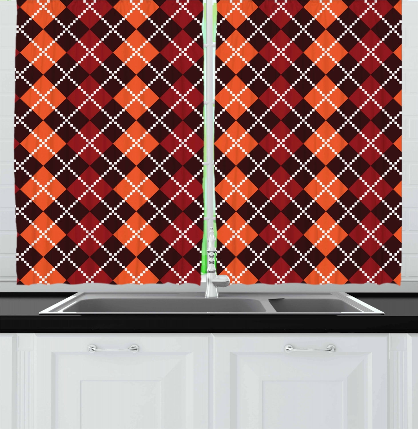 Red and Brown Curtains 2 Panels Set, Autumn Colors Retro Style Argyle