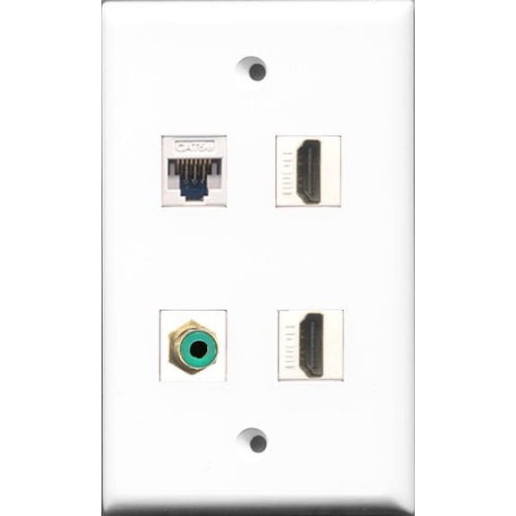 RiteAV - 2 Port HDMI and 1 Port RCA Green and 1 Port Cat5e Ethernet White Wall Plate