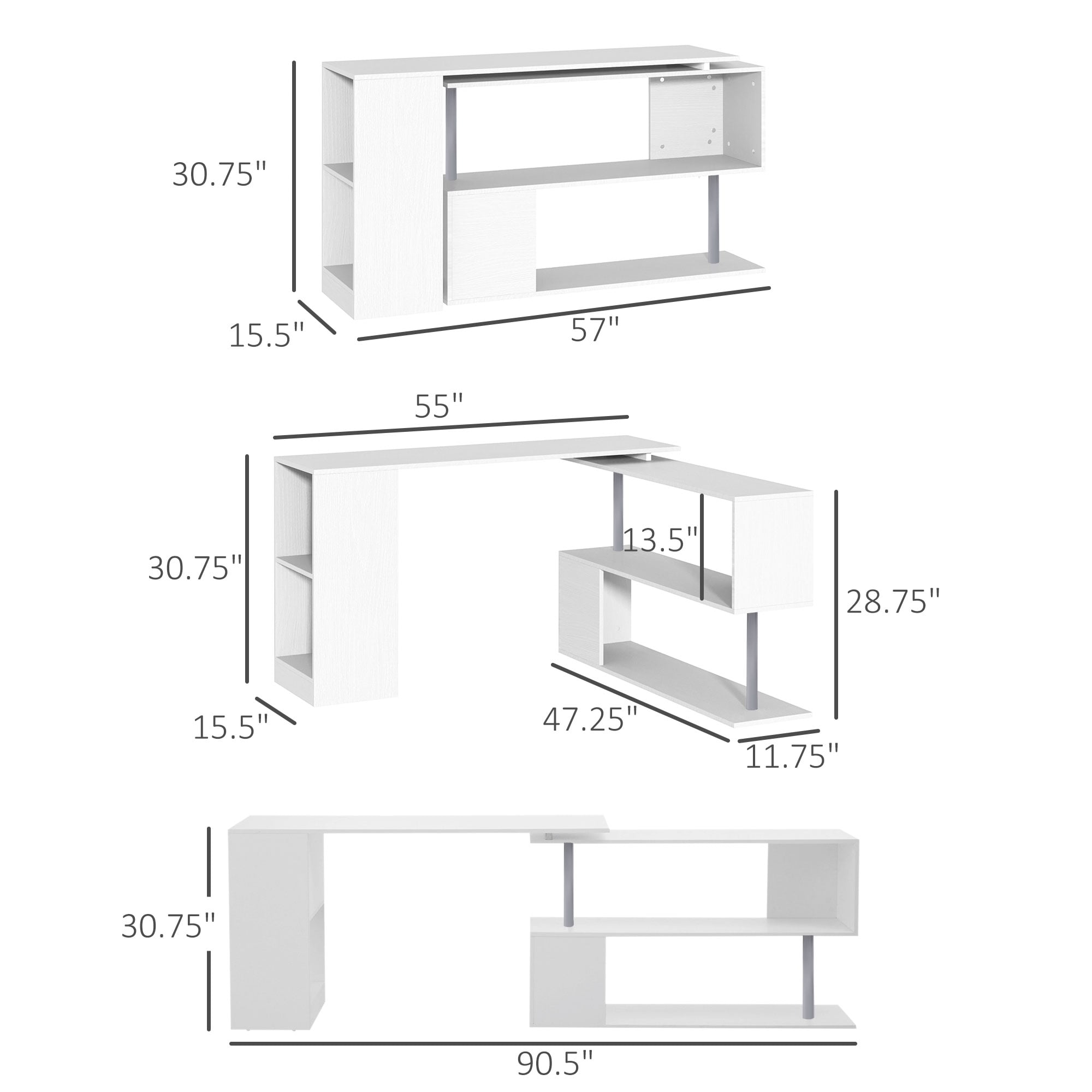 Office Desks 55" 360° Rotating Corner Computer Desk Modern L-Shaped Home Office Workstation with 3-Tier Storage Shelves, Bookshelf, White,Wooden Office Desks