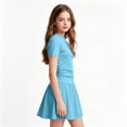 thumbnail image 3 of OGLCCG Girls Summer Short Sleeve Dress Kids Casual Crew Neck Ruched Waist Pleated A Line Swing Mini Dress Cute Athletic Dress 5-15 Years, 3 of 8