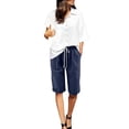 thumbnail image 2 of Mifsaly Linen Bermuda Shorts for Women Knee Length Summer Casual Shorts with Pockets Lightweight Loose Relaxed Fit Beach Vacation Clothes Navy,XXL, 2 of 7