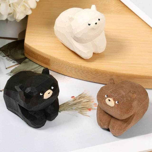 CUITING 3Pcs Small Bear Figurines Decorative Carved Wood Bears Handmade Bear Figurines Decor Creative Wood Bear Statue Mini Bear Statue for Home Decor Art Carving Work