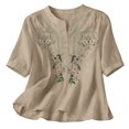 thumbnail image 5 of JULMCOMO Cotton Linen Shirts for Women Floral Embroidery Henley Short Sleeve Loose Vintage Blouses Comfy Casual Shirts Beige 3XL, 5 of 7