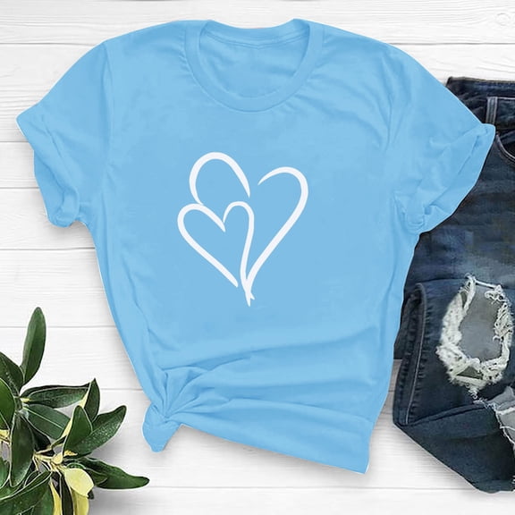 SOOMLON Valentine's Day Tshirt Women Lover Valentines Gift Comfy Short Sleeve Crew Neck Shirts Funny Love Heart Graphic Tee Shirts Fashion Holiday Clothes 2025 Sky Blue XL