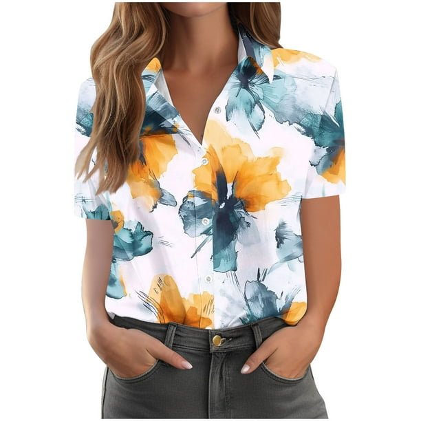 Pantalones Cortos para las Mujeres Impresión Sexy Cómodo Bolsillo de Manga Corta, Botón Top Blusa Camiseta